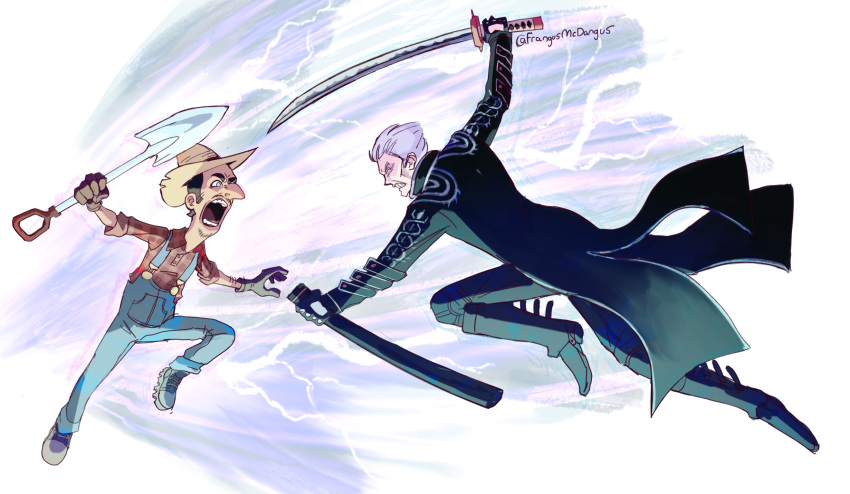 2boys, balan_wonderworld, black_coat, black_footwear, blue_eyes, boots, clenched_teeth, coat, crossover, devil_may_cry, devil_may_cry_(series), devil_may_cry_5, duel, facial_hair, frangusmcdangus, hat, highres, holding, holding_sheath, holding_shovel, holding_sword, holding_weapon, jose_gallard, katana, long_sleeves, male_focus, multiple_boys, open_mouth, overalls, pants, red_shirt, sheath, shirt, shovel, sword, teeth, twitter_username, vergil, vergil_(devil_may_cry), weapon