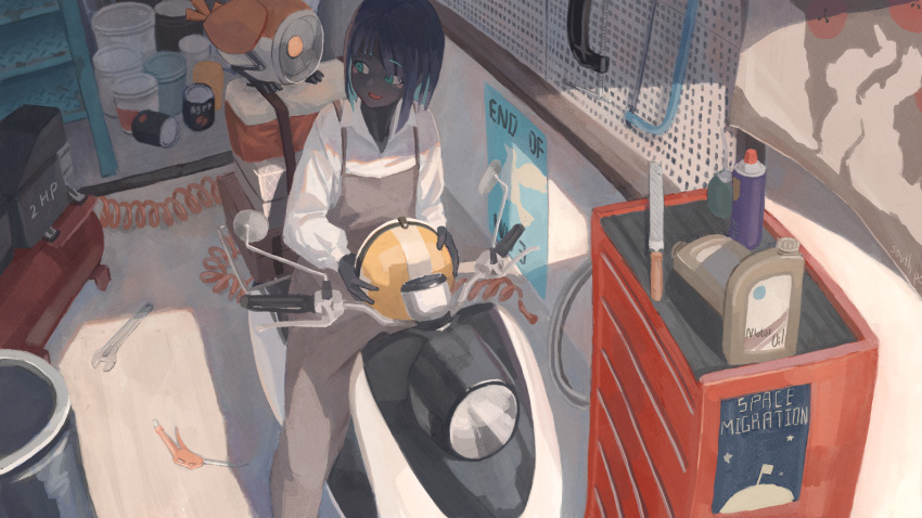 1girl, air_compressor, black_hair, blue_eyes, brown_overalls, clamp_(tool), collared_shirt, dark_skin