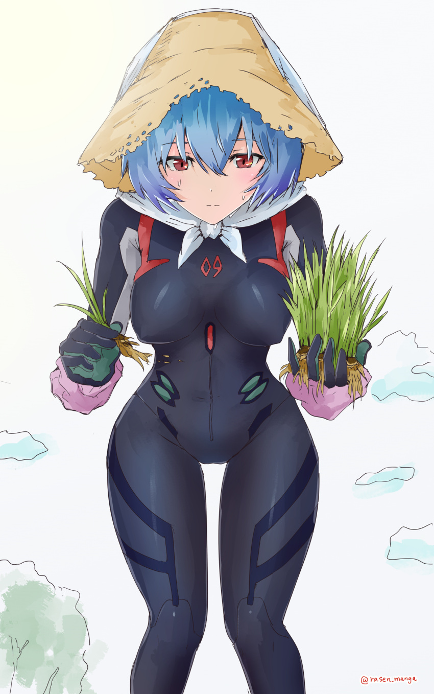 1girl, absurdres, ayanami_rei, black_bodysuit, blue_hair, bodysuit, breasts, hat
