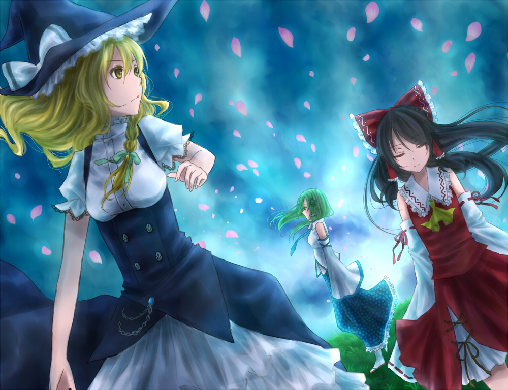 bad_id, black_hair, blonde_hair, bow, braid, detached_sleeves, frog, green_eyes