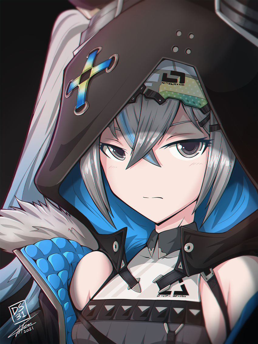1girl, bare_shoulders, black_background, black_jacket, black_shirt, bronya_zaychik, bronya_zaychik_(haxxor_bunny), closed_mouth