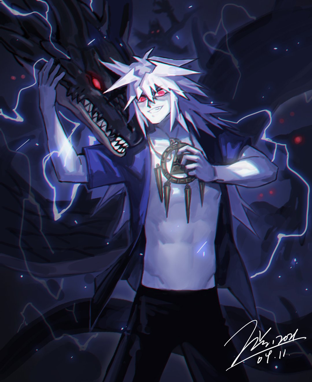 1boy, abs, bangs, black_pants, character_request, clenched_teeth, commentary_request, cowboy_shot