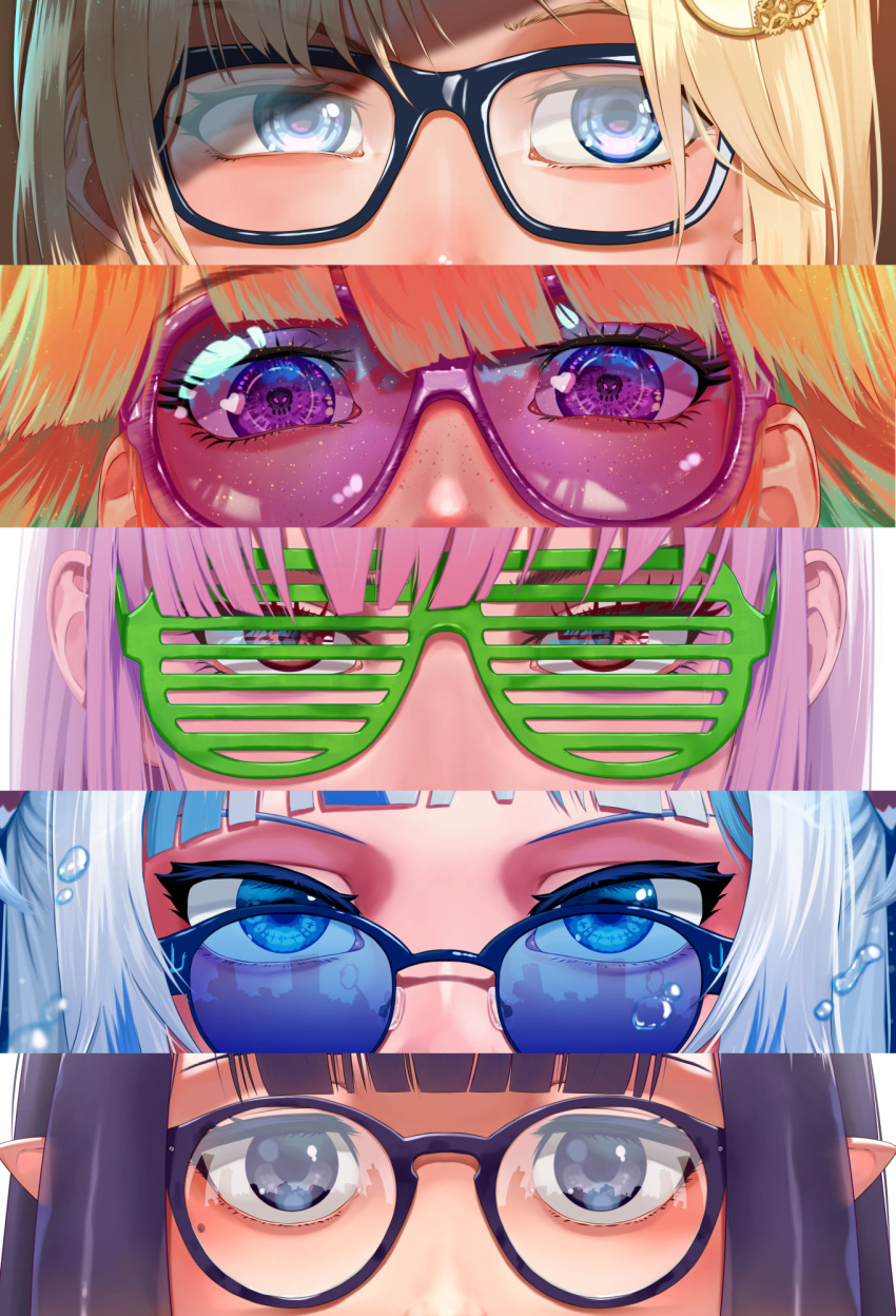 5girls, bangs, blonde_hair, blue-tinted_eyewear, blue_eyes, blue_hair, blunt_bangs, gawr_gura