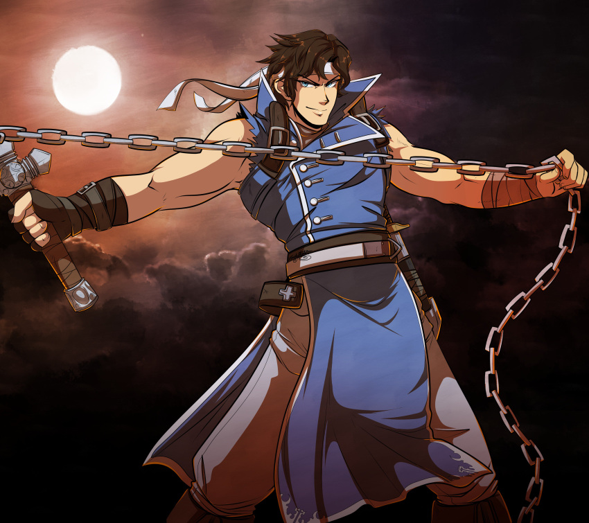 1boy, absurdres, bangs, black_gloves, blue_eyes, castlevania, closed_mouth, clouds