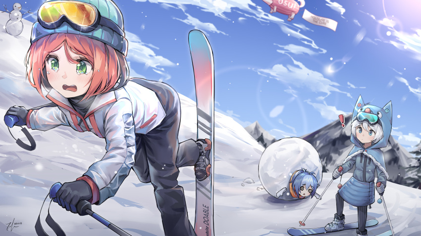 3girls, animal_hood, beanie, black_pants, blue_eyes, blue_headwear, capelet, character_request