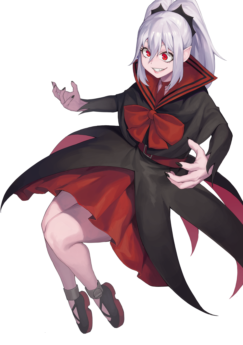 1girl, black_footwear, black_nails, character_request, cinko, grin, hair_between_eyes, highres