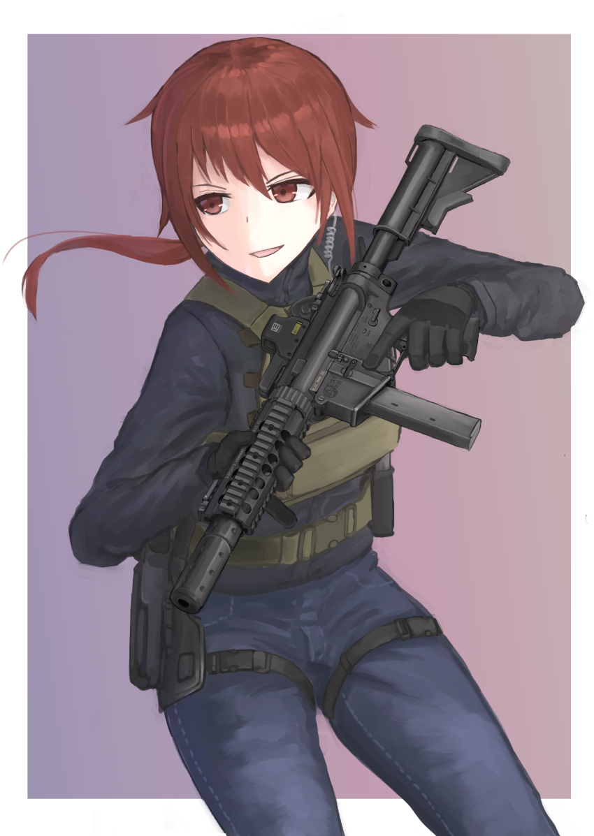 1girl, absurdres, assault_rifle, border, bulletproof_vest, d-sawa613, denim, gloves