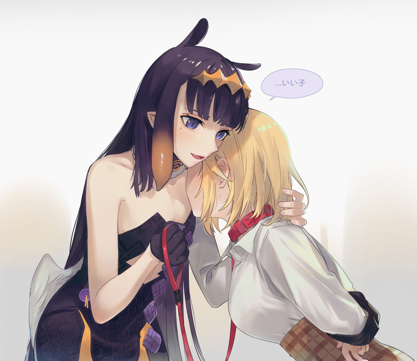 2girls, arms_behind_back, bangs, bdsm, blonde_hair, blunt_bangs, blush, bondage