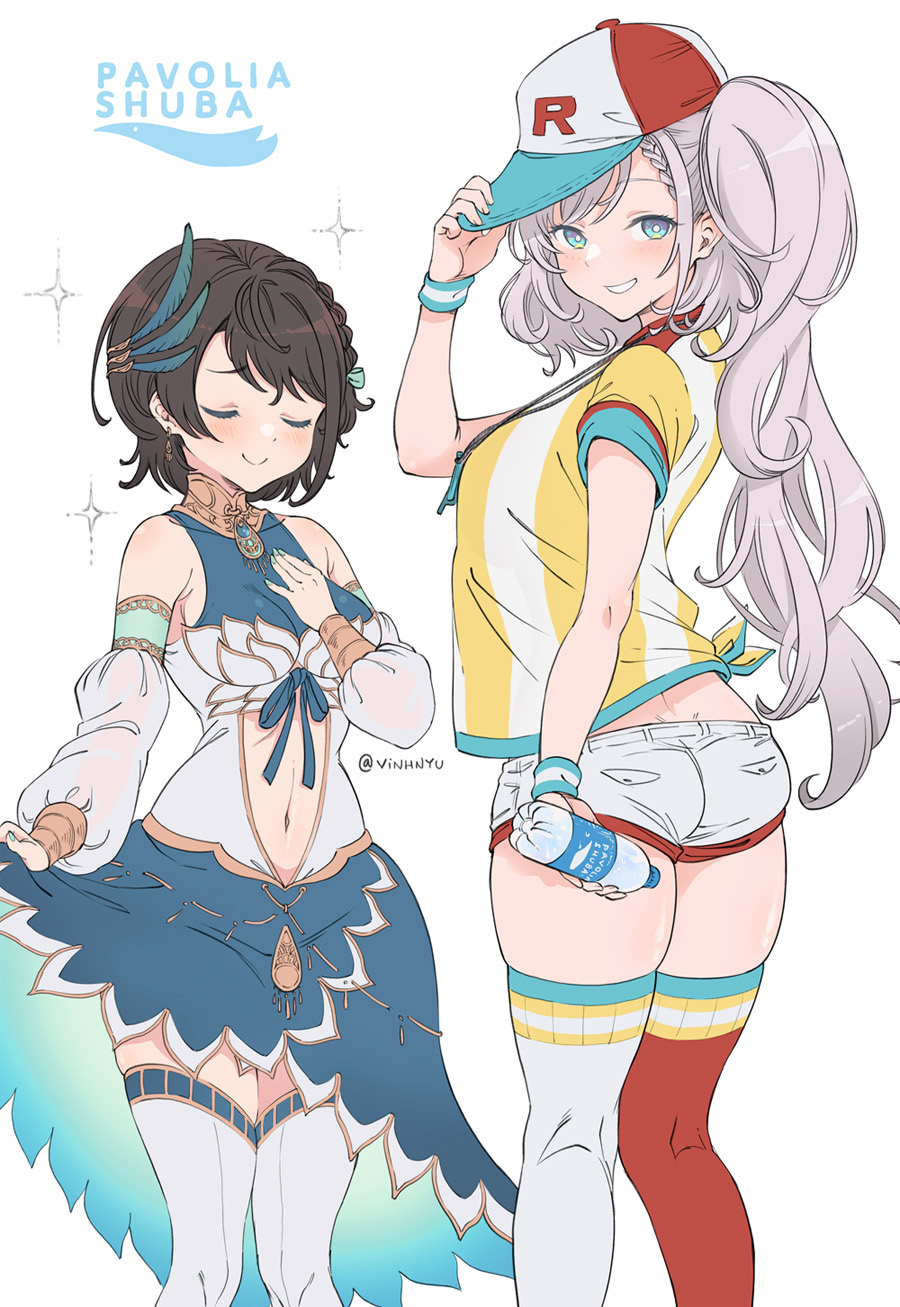 2girls, artist_name, ass, bangs, bare_shoulders, baseball_cap, blue_dress, blue_eyes