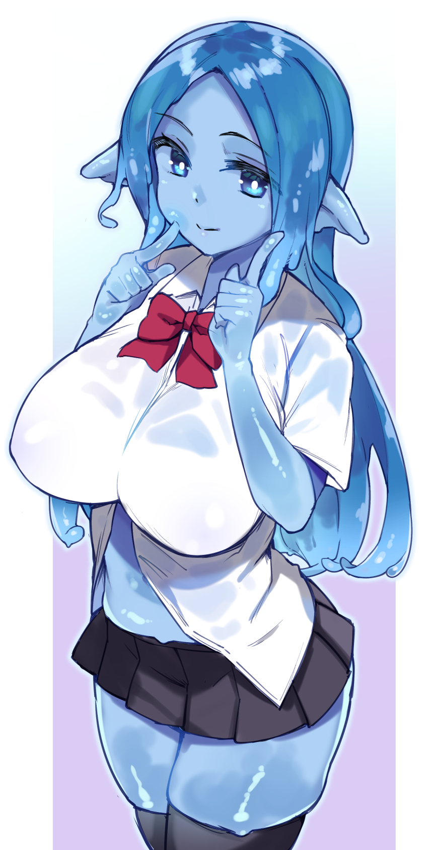 1girl, black_legwear, black_skirt, blue_eyes, blue_hair, blue_skin, bow, breasts