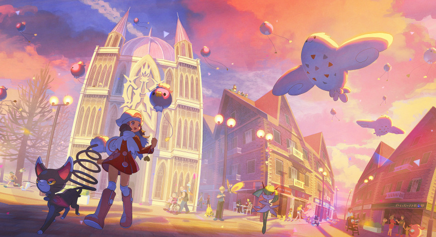 6+boys, 6+girls, :d, arceus, bag, balloon, bare_tree, beanie, beauty_(pokemon), black_hair, boots, building, cathedral, chansey, chatot, cleffa, clouds, coat, commentary_request, hikari_(pokemon), drifloon, duffel_bag, elekid, from_below, gen_1_pokemon, gen_2_pokemon, gen_3_pokemon, gen_4_pokemon, glameow, hat, highres, holding, holding_balloon, kirlia, lamppost, lickilicky, long_hair, long_sleeves, lucario, magnemite, mothim, multiple_boys, multiple_girls, munchlax, mythical_pokemon, open_mouth, orange_eyes, outdoors, over-kneehighs, pachirisu, pikachu, pink_footwear, poke_fan_(pokemon), poke_kid_(pokemon), pokemon, pokemon_(game), pokemon_dppt, pokemon_platinum, prinplup, red_coat, roselia, sasakure_(mogunonbi), scarf, sky, smile, standing, staravia, starly, sunset, thigh-highs, togekiss, tongue, tree, wheelchair, white_bag, white_headwear, white_legwear, white_scarf