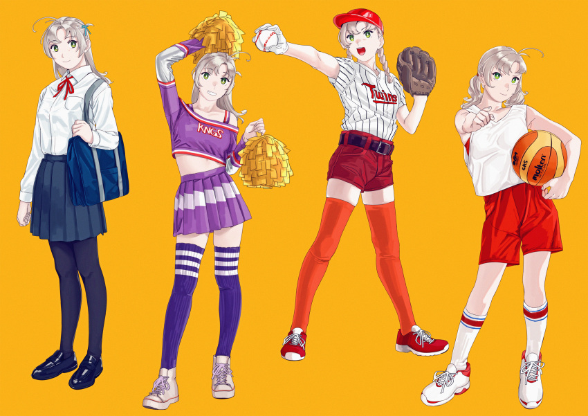 4girls, absurdres, alternate_costume, alternate_hairstyle, antenna_hair, bag, ball, baseball