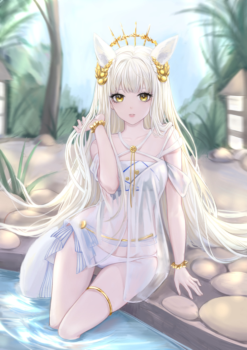 1girl, absurdres, animal_ears, arknights, bandeau, bangs, bare_arms, bare_shoulders
