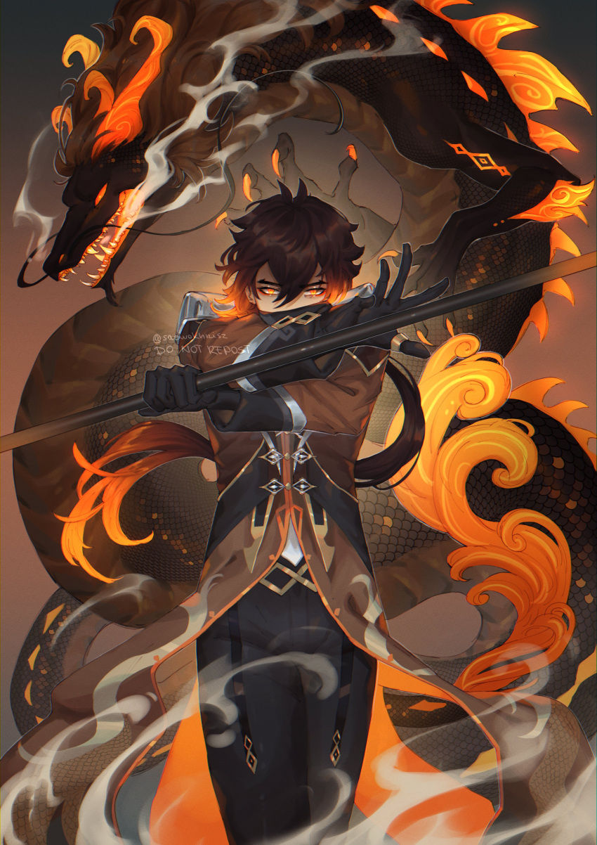 1boy, absurdres, bangs, black_gloves, brown_hair, covered_mouth, dragon, dragon_horns