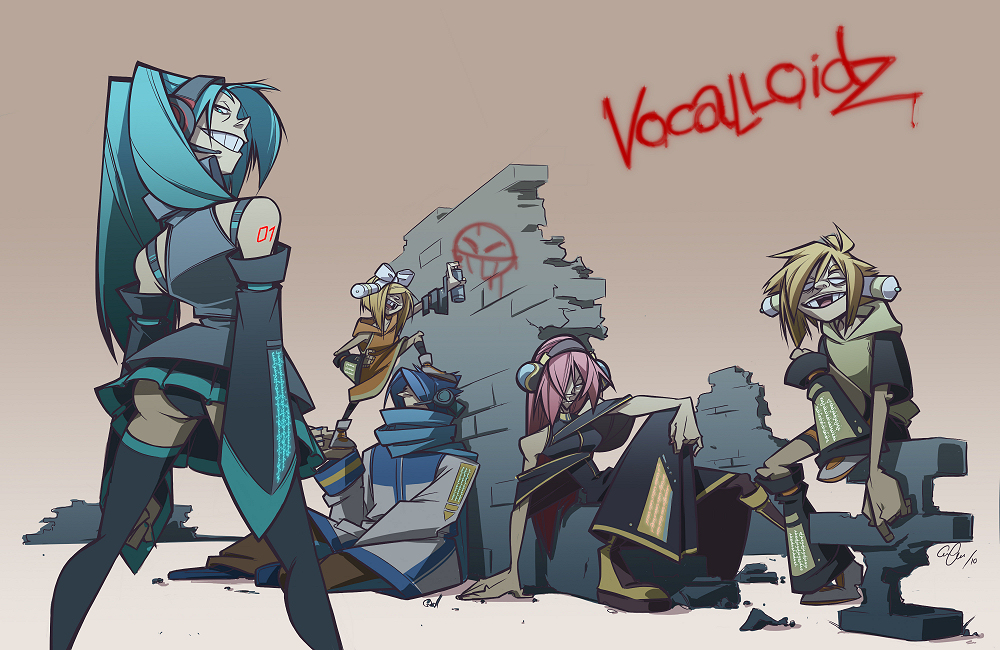 alternate_outfit, aqua_eyes, aqua_hair, ass, blonde_hair, blue_hair, chira-chira, crossover, detached_sleeves, gorillaz, graffiti, green_eyes, hatsune_miku, headphones, hood, hoodie, kagamine_len, kagamine_rin, kaito, long_hair, megurine_luka, panties, parody, pink_hair, scarf, style_parody, tattoo, thigh_highs, thighhighs, twintails, underwear, upskirt, vocaloid
