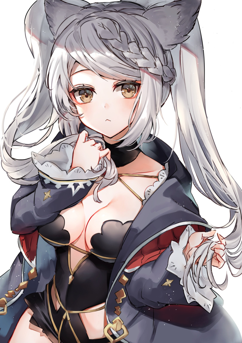 1girl, 40_(0f0urw), :<, absurdres, bangs, black_coat, black_leotard, blush