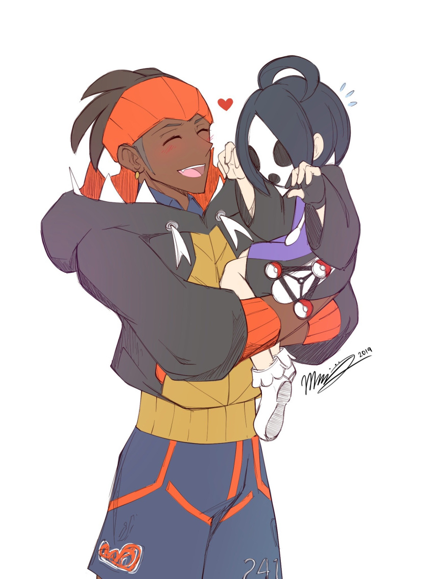 2boys, ahoge, allister_(pokemon), black_gloves, black_hair, blush, brown_hair, carrying, closed_eyes, commentary, dark_skin, dark_skinned_male, earrings, english_commentary, eyelashes, fingerless_gloves, flying_sweatdrops, gloves, gym_leader, hands_up, heart, highres, hood, hood_down, hoodie, jewelry, long_sleeves, male_focus, mask, minmini, multiple_boys, open_mouth, pokemon, pokemon_(game), pokemon_swsh, raihan_(pokemon), shoes, shorts, signature, simple_background, smile, tongue, undercut, upper_teeth, white_background, white_footwear, wide_sleeves, |d