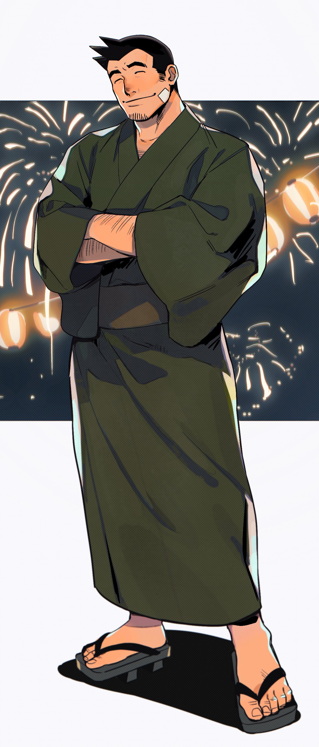 1boy, absurdres, aerial_fireworks, alternate_costume, arm_hair, bandaid, bandaid_on_face, black_hair