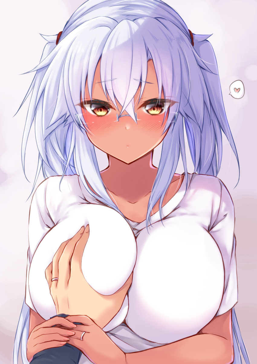 1girl, absurdres, alternate_costume, bangs, blush, breast_grab, breasts, brown_eyes