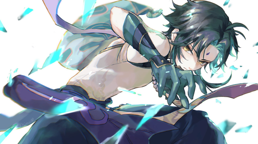 1boy, ahoge, arm_guards, arm_tattoo, armor, asymmetrical_clothes, bangs, bare_shoulders