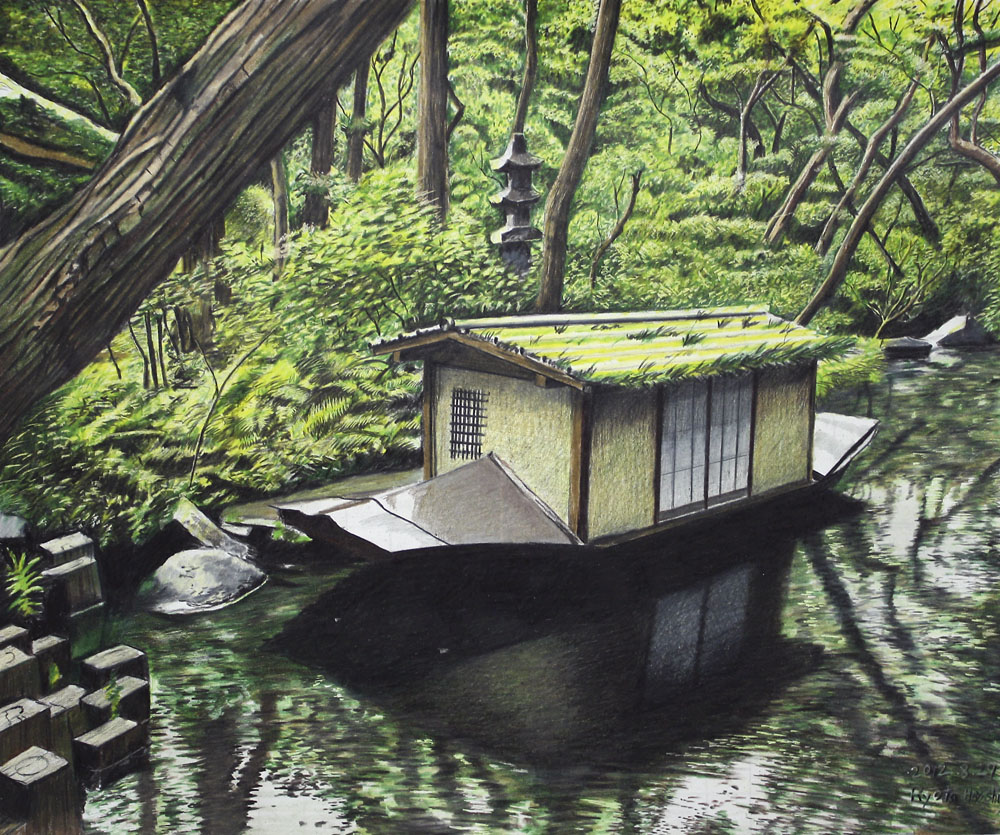 boat, building, colored_pencil_(medium), commentary_request, dated, day, forest, hayashi_ryouta