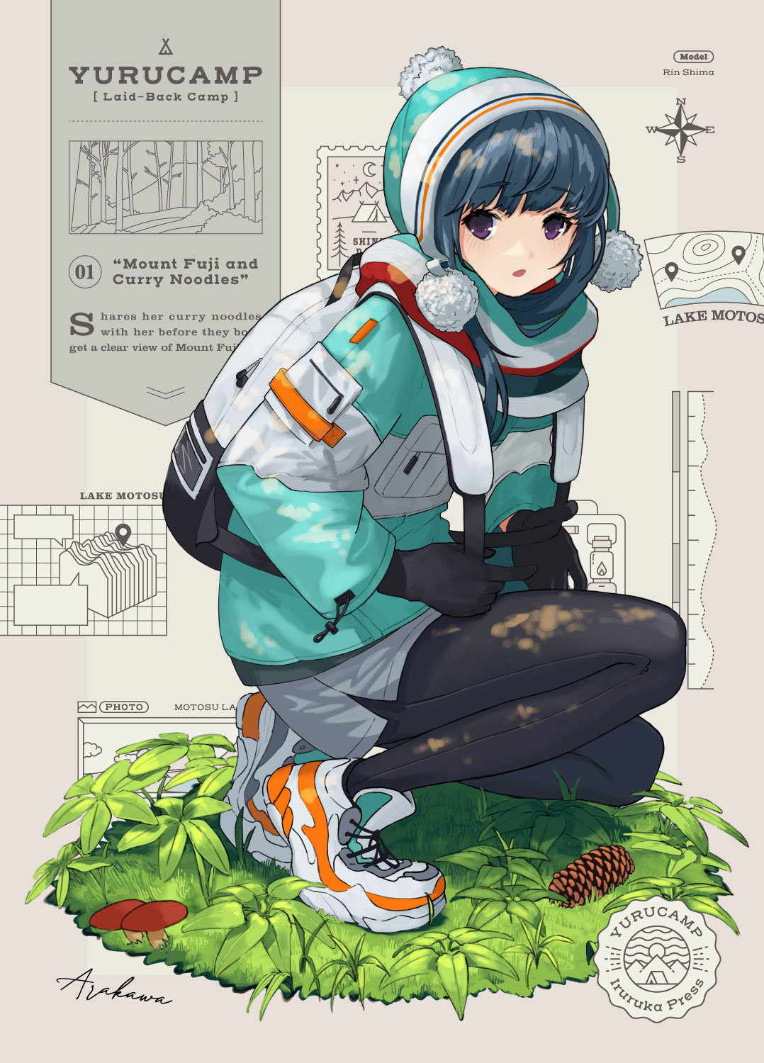 1girl, arakawa_(iru_and_ruka), backpack, bag, bangs, black_legwear, blue_coat, blue_hair, clothes), coat, english_text, eyebrows_visible_through_hair, gloves, grass, highres, long_hair, looking_at_viewer, map, multicolored, multicolored_clothes, mushroom, open_mouth, pants, pinecone, shima_rin, shoes, signature, sneakers, solo, squatting, striped_clothes, violet_eyes, white_bag, white_footwear, woollen_cap