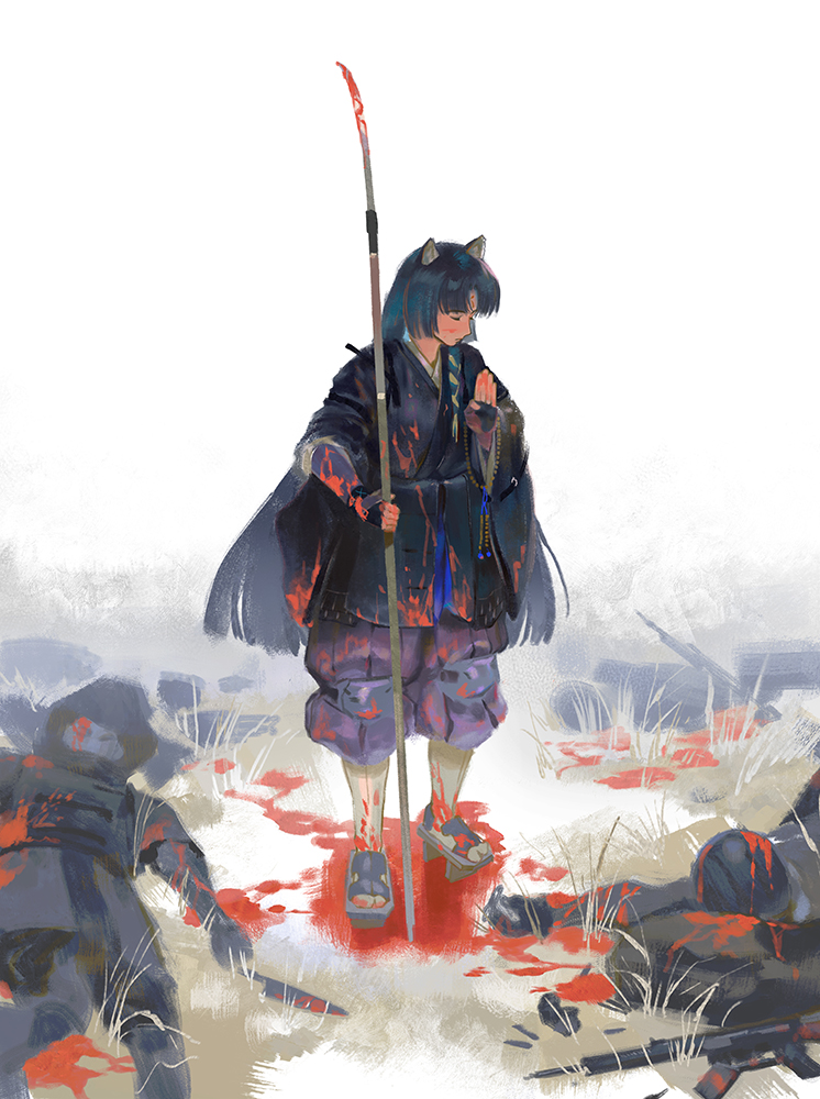1girl, after_battle, animal_ears, arknights, black_hair, black_kimono, blood, bloody_clothes