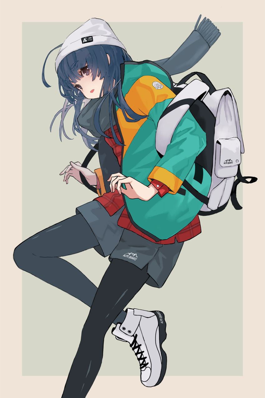 1girl, arakawa_(iru_and_ruka), backpack, bag, bangs, black_legwear, blue_coat, blue_hair, blue_jacket, coat, eyebrows_visible_through_hair, eyes_visible_through_hair, grey_scarf, grey_shorts, high_tops, highres, jacket, long_hair, multicolored, multicolored_clothes, open_mouth, pantyhose, plaid, plaid_shirt, red_shirt, scarf, shima_rin, shirt, shoes, shorts, solo, striped_clothes, violet_eyes, white_bag, white_footwear, woollen_cap, yurucamp
