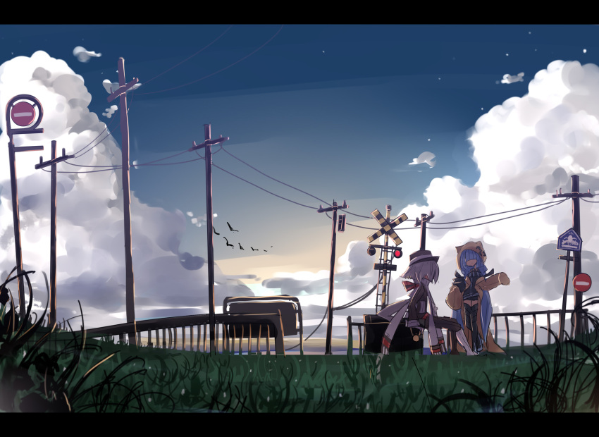 blue_hair, boots, clouds, cross, cthulhu, cthulhu_mythos, enothela, fence
