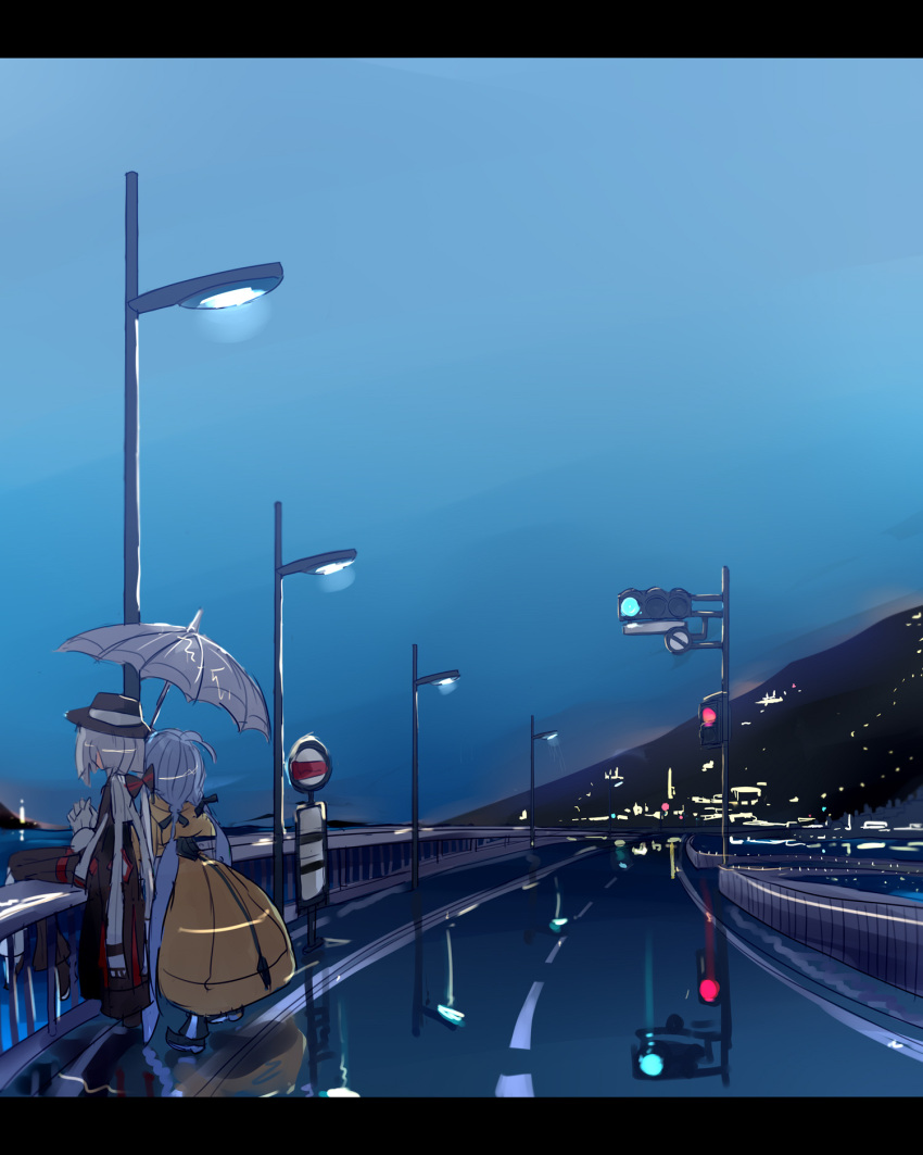 black_headwear, black_pants, blue_hair, boots, city_lights, cthulhu_mythos, enothela, facing_away