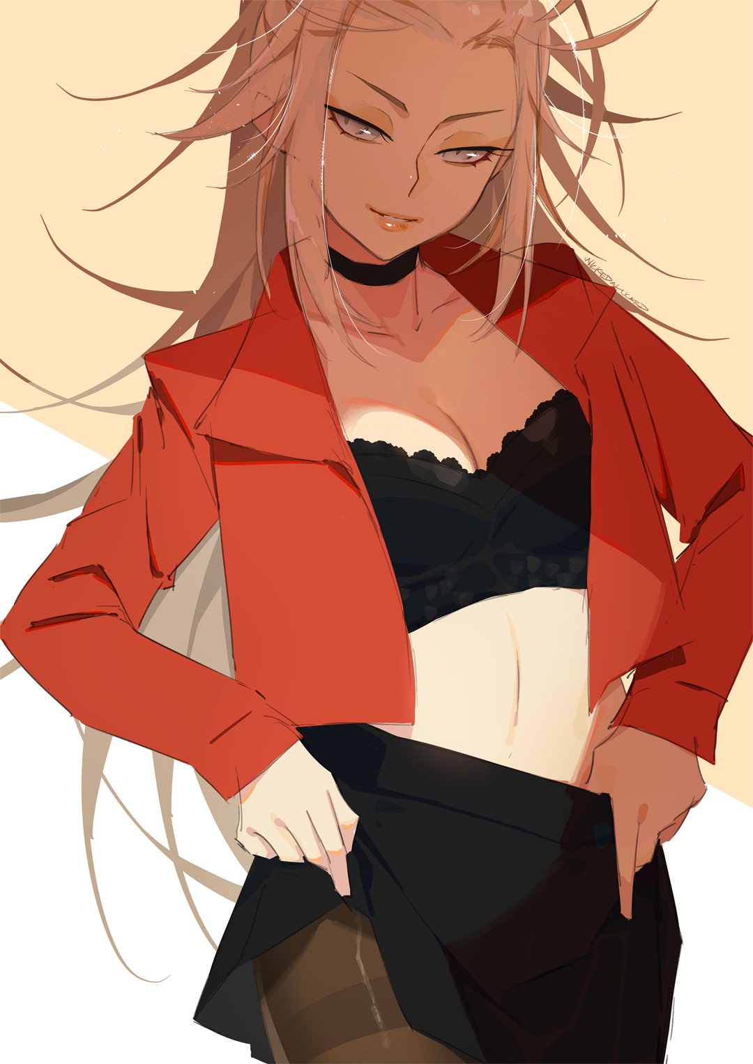 1girl, bishounen_series, black_bra, bra, grey_eyes, highres, ian_olympia, jacket