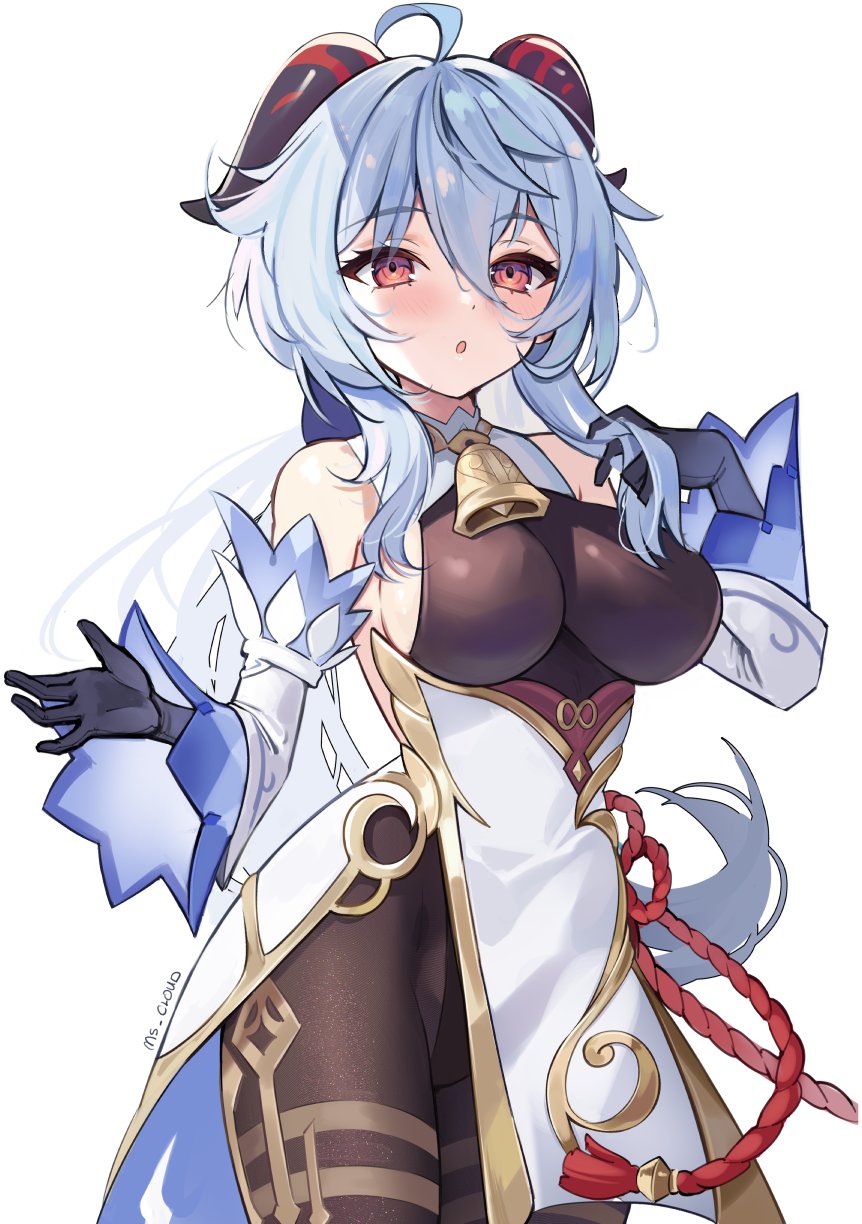 1girl, :o, ahoge, artist_name, bell, blue_gloves, blue_hair, bodysuit, breasts, brown_bodysuit, commentary, cowbell, detached_sleeves, full_body, ganyu_(genshin_impact), genshin_impact, gloves, goat_horns, highres, horns, large_breasts, long_hair, ms_cloud, red_eyes, solo, standing