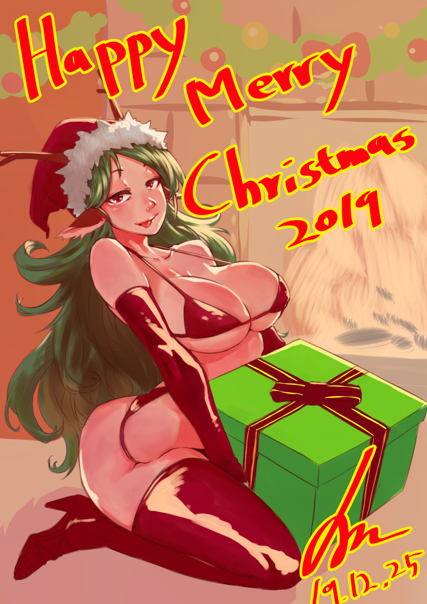 1girl, :p, absurdres, animal_ears, bikini, breasts, christmas, dated