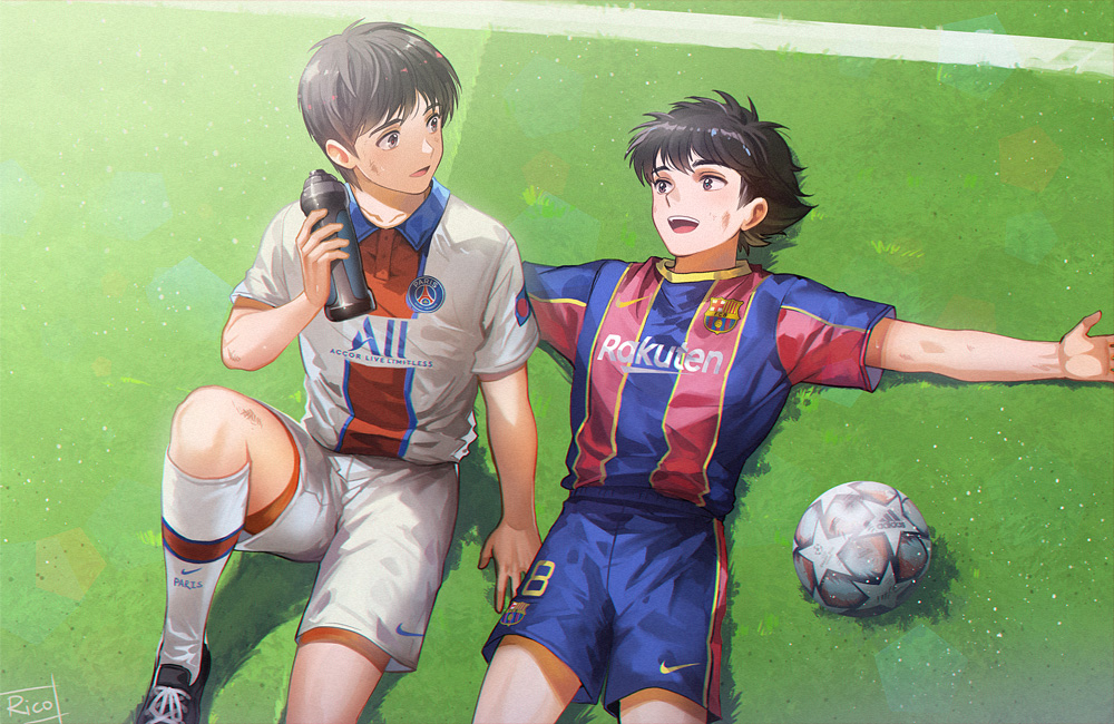 2boys, ball, captain_tsubasa, fc_barcelona, la_liga, ligue_1, lying, misaki_tarou