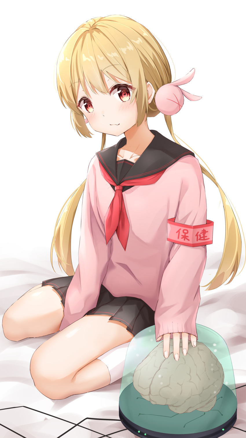 1girl, absurdres, armband, bangs, between_legs, black_skirt, blonde_hair, blush