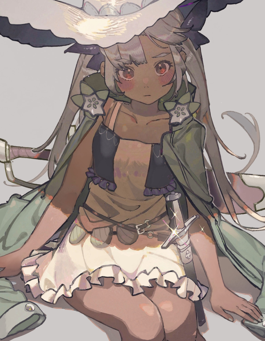 1girl, bare_arms, belt, blush, cloak, collarbone, dagger, dark_skin