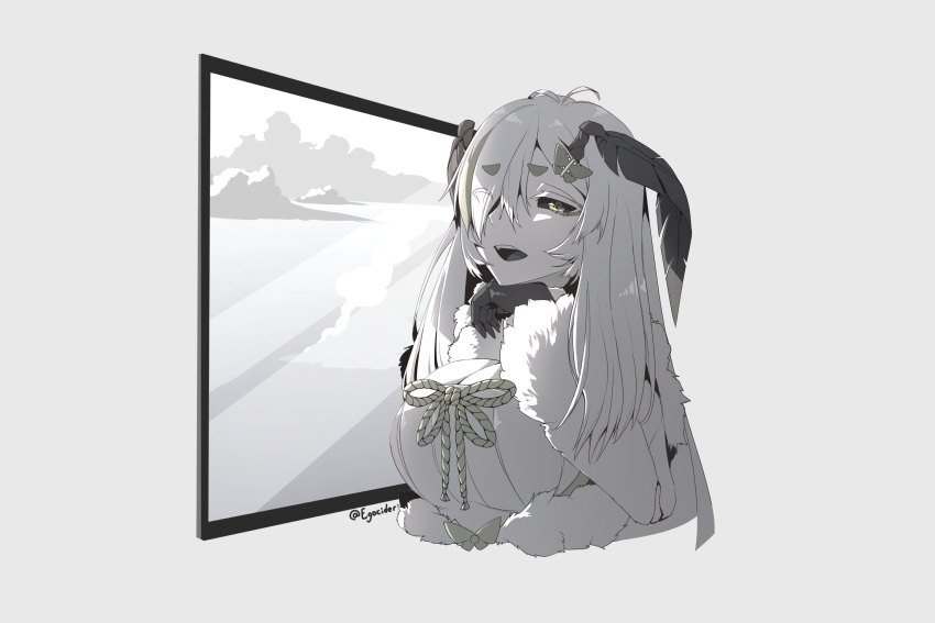 1girl, arthropod_girl, bangs, black_sclera, clouds, colored_sclera, cropped_torso, egocider