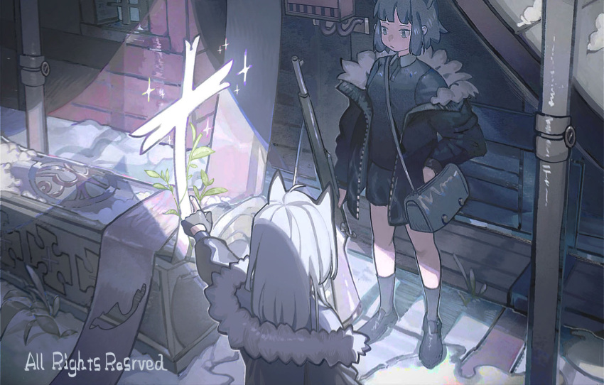 2girls, animal_ears, bag, black_footwear, black_hair, black_jacket, black_legwear, black_shirt
