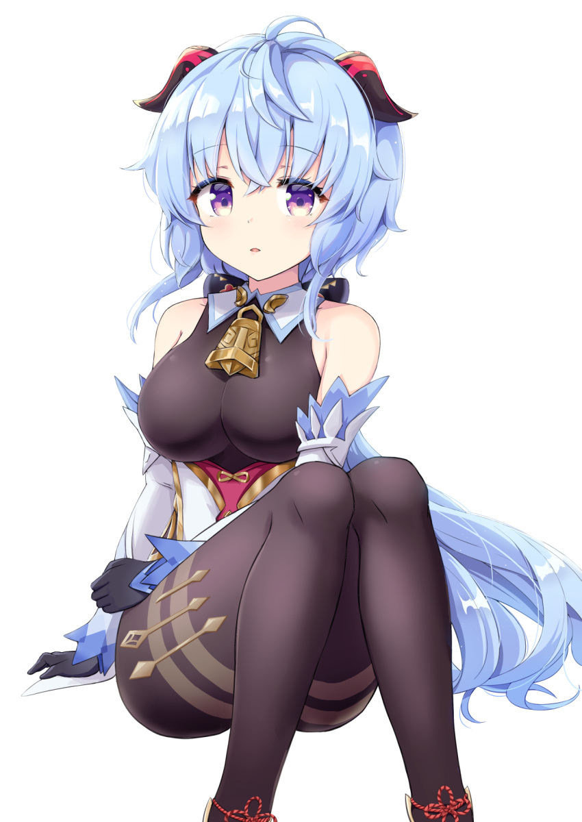 1girl, adda, ahoge, bangs, bare_shoulders, bell, black_gloves, black_legwear