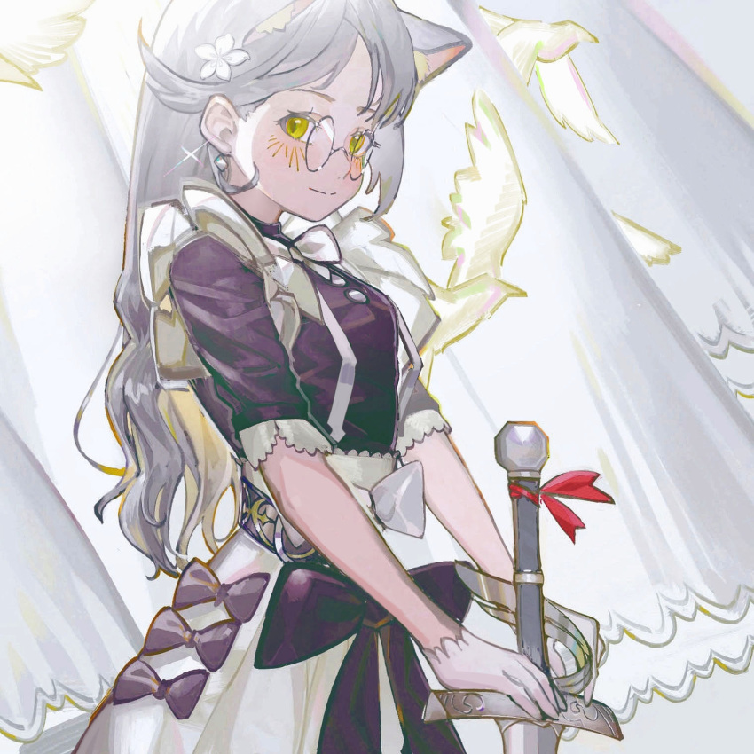 1girl, animal_ear_fluff, animal_ears, apron, belt, bird, black_blouse, black_bow