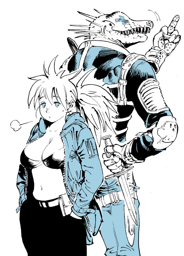 bikini_top, blue, bra, breasts, caiman, cross, dorohedoro, jacket, knife, lingerie, lizard, middle_finger, monochrome, navel, nikaido, open_clothes, open_shirt, ponytail, shirt, simple_background, tattoo, teeth, underwear, white_background