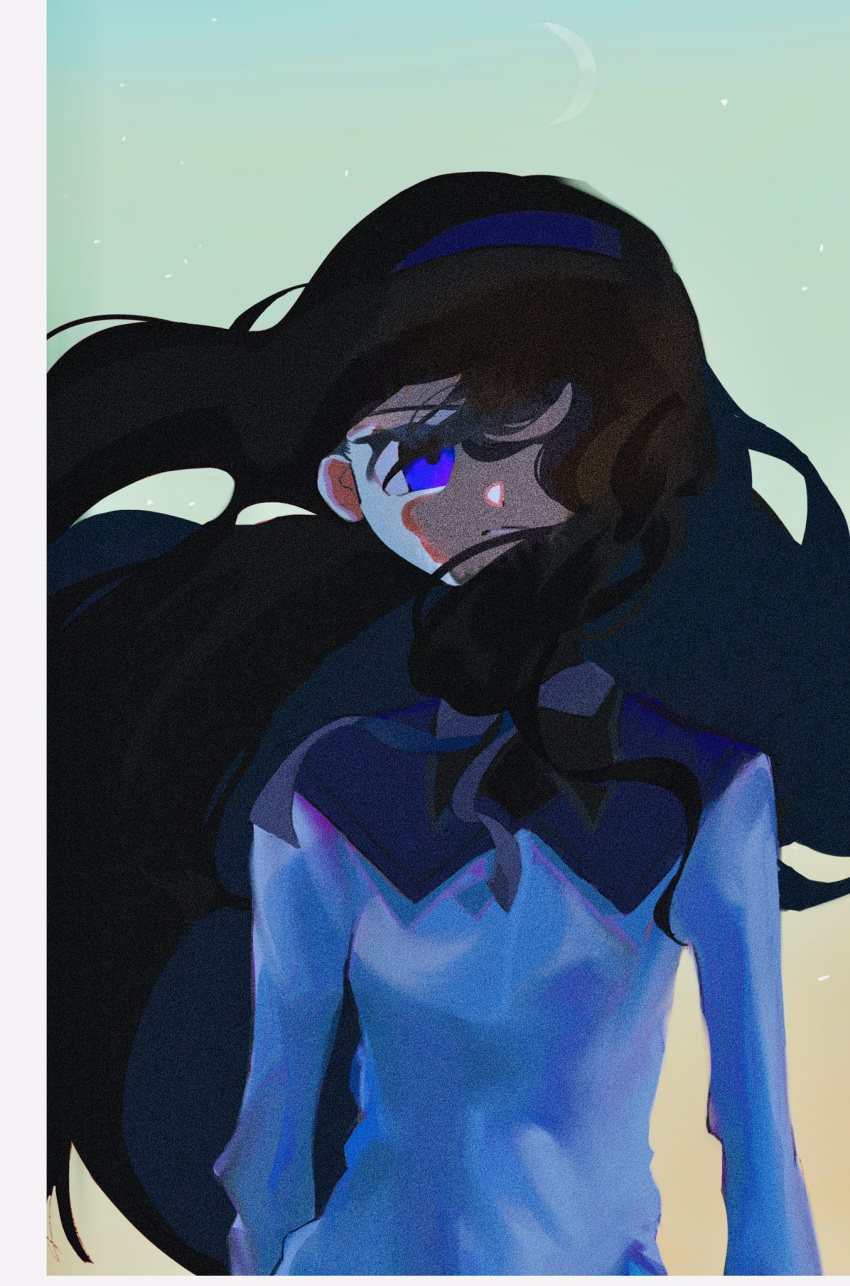 1girl, akemi_homura, black_hair, black_ribbon, covered_face, dress, floating_hair, hairband