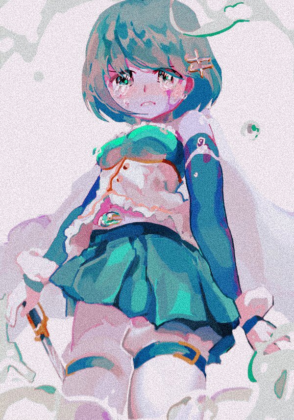 1girl, bare_shoulders, blue_hair, blue_skirt, blue_sleeves, crying, crying_with_eyes_open, dress