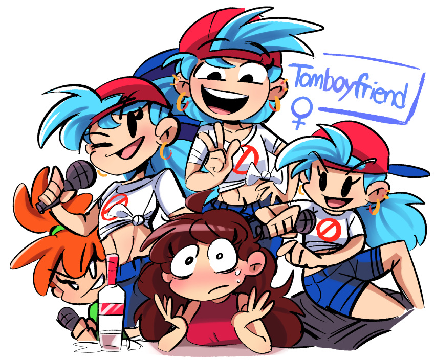 3girls, :d, ;d, absurdres, backwards_hat, baseball_cap, blue_hair, blush