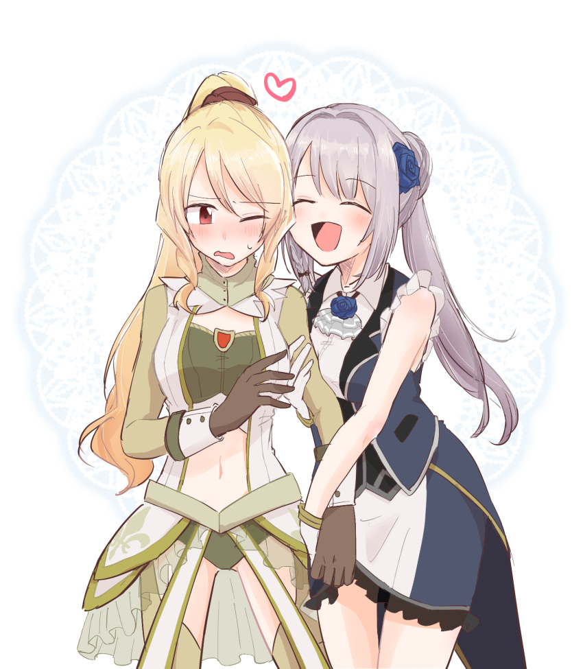 2girls, blonde_hair, blue_dress, blush, breasts, curly_hair, dress, efu_(9008230)