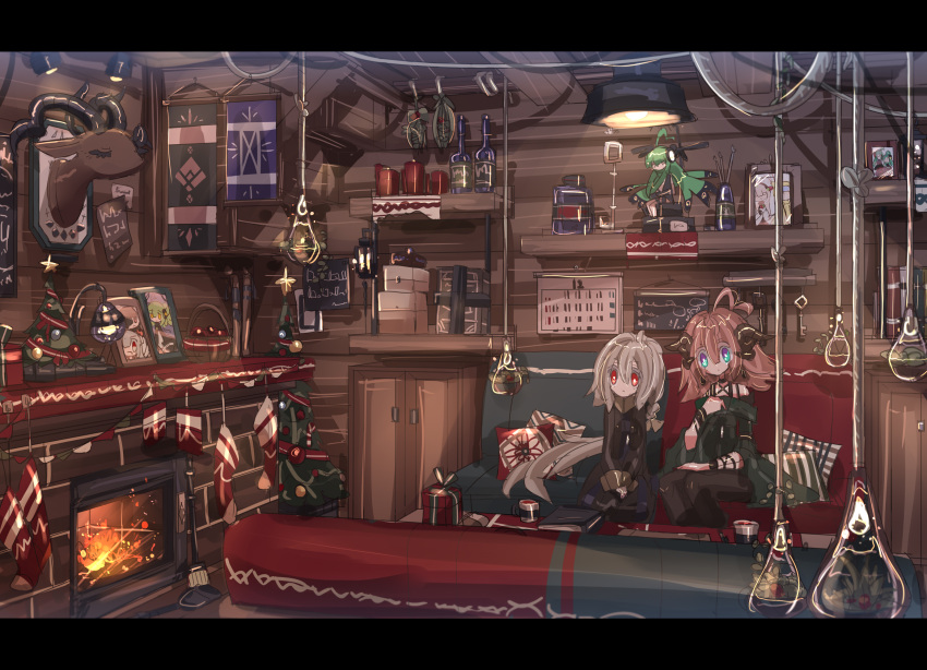 ahoge, banner, black_coat, black_pants, blue_eyes, bottle, box, braid