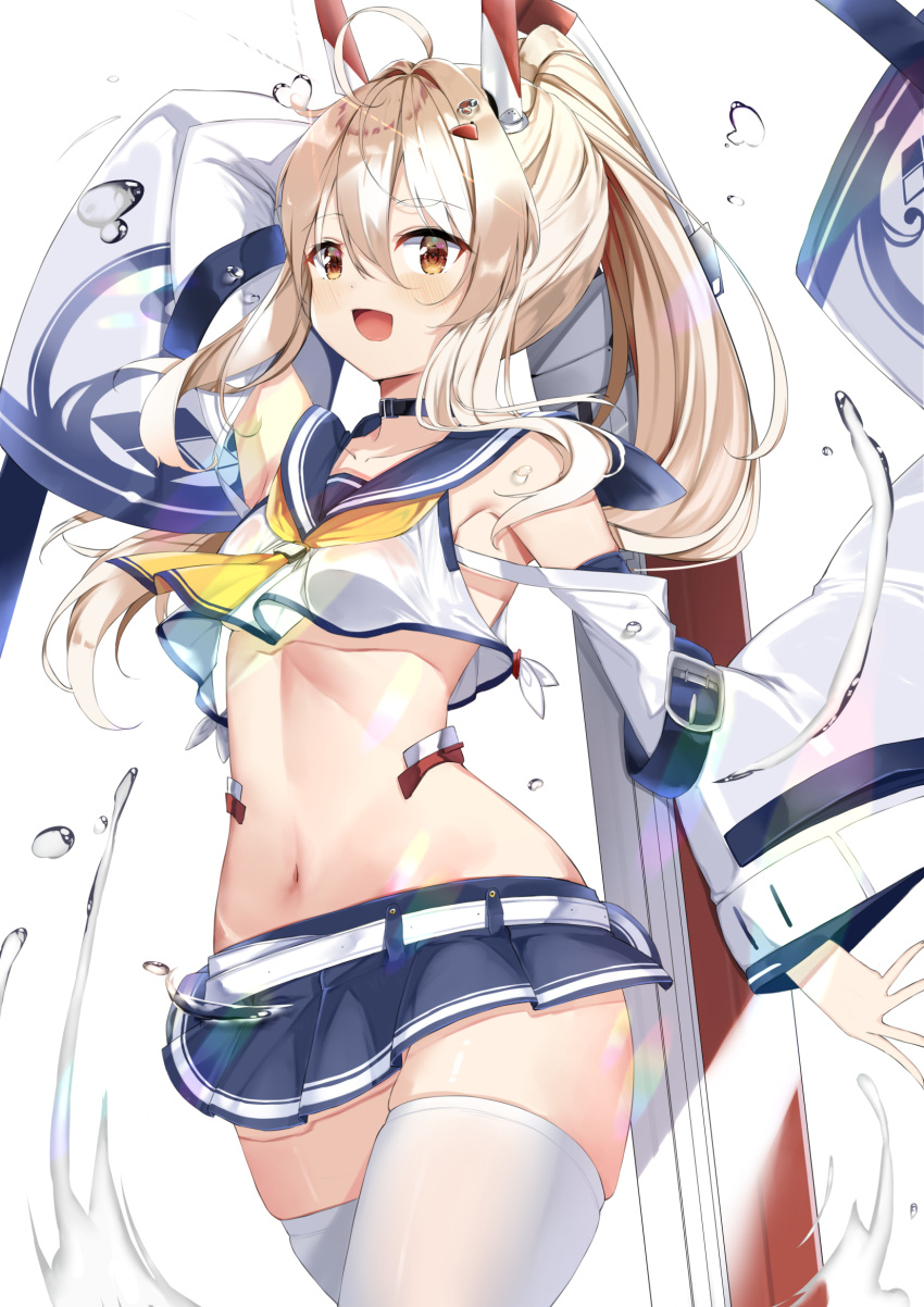 1girl, :d, ahoge, arm_behind_head, arm_up, armpits, ascot, ayanami_(azur_lane)