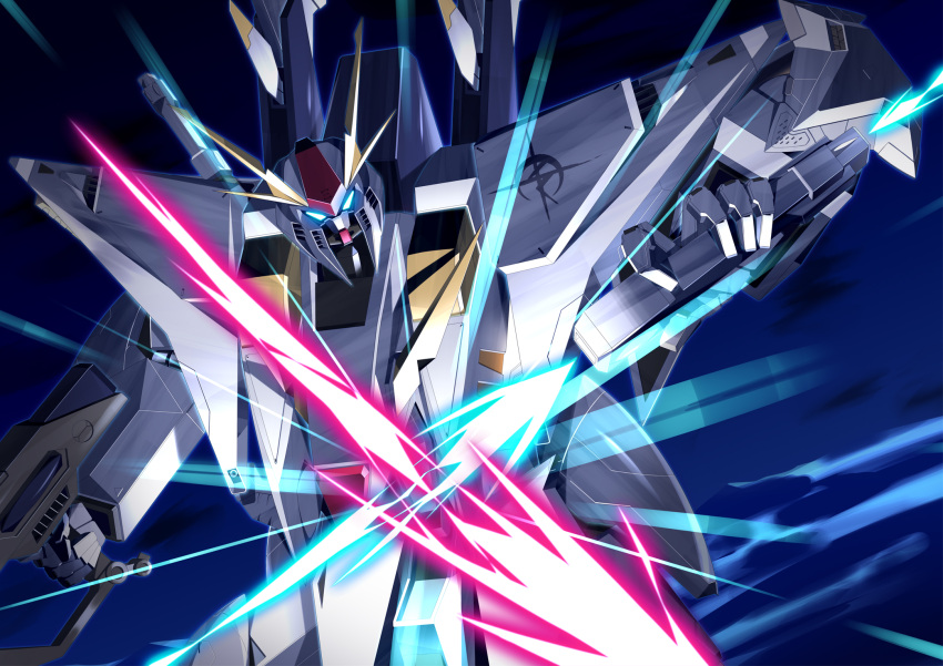 battle, beam_rifle, beam_saber, blue_eyes, commentary_request, cqc, dark_sky, emblem