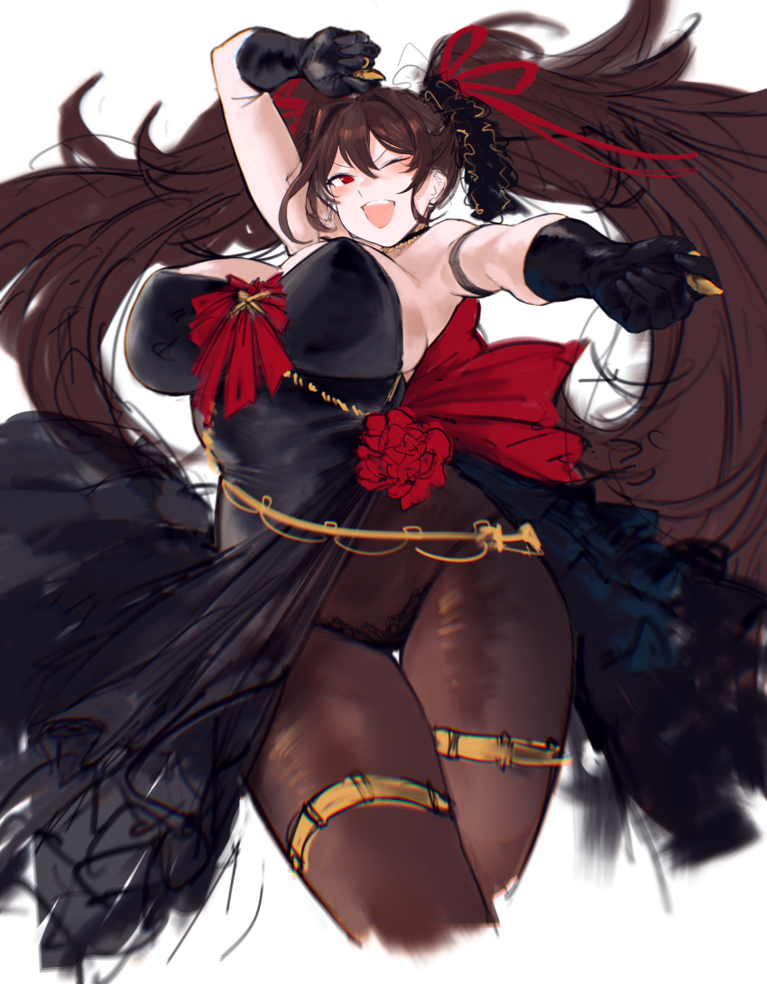 1girl, ;d, absurdres, alternate_costume, arm_up, armlet, black_dress, black_gloves