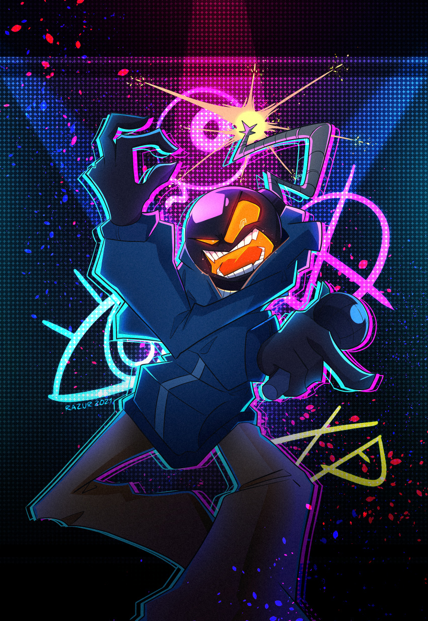 1boy, absurdres, angry, black_gloves, english_commentary, feet_out_of_frame, friday_night_funkin', gloves, graffiti, grey_pants, highres, holding, holding_microphone, huge_filesize, lit_fuse, microphone, object_head, open_mouth, pants, razur_draws, solo, whitty_bomb_guy